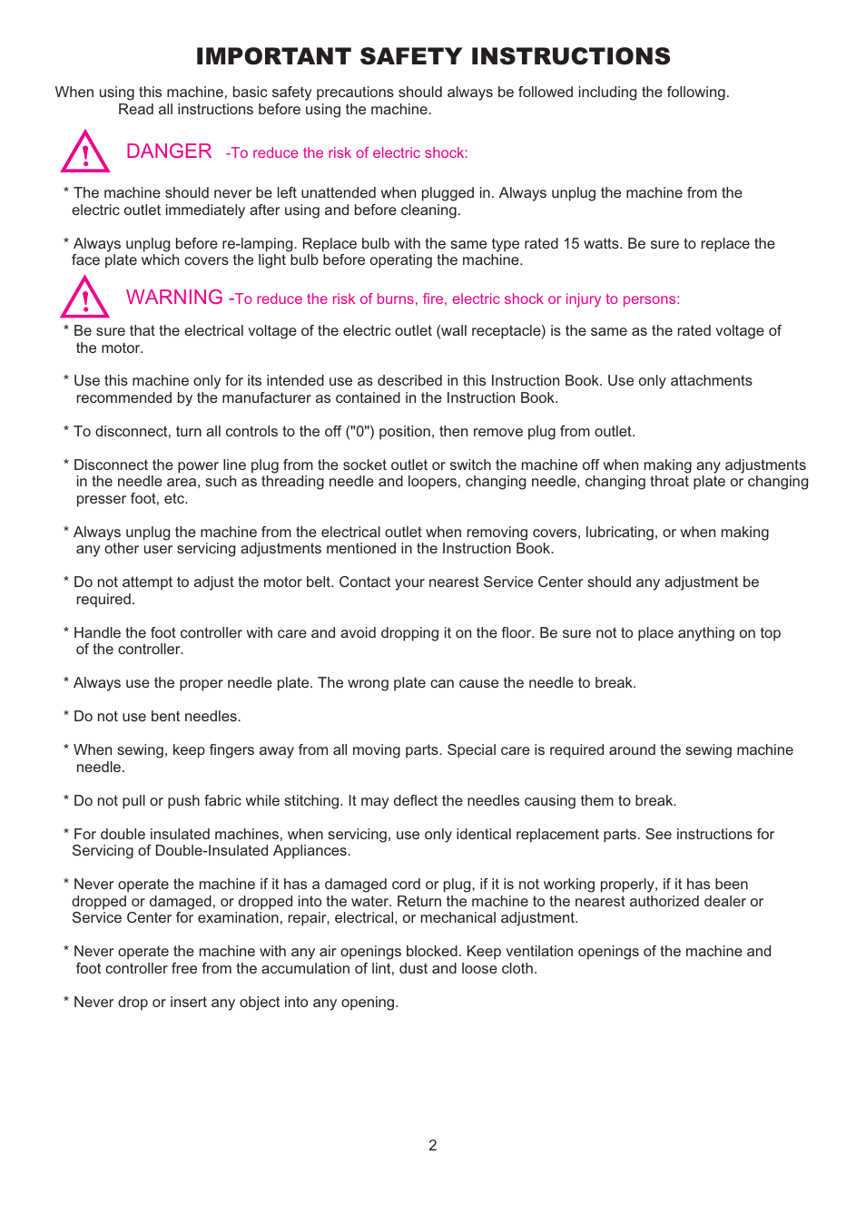 Important safety instructions, Danger, Warning | SINGER 14T967DC QUANTUMLOCK User Manual | Page 3 / 72