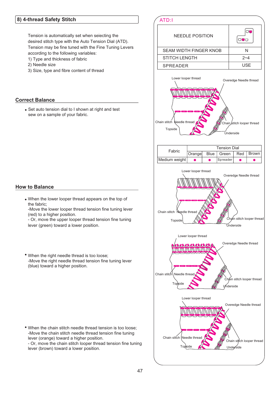 How to balance, 8) 4-thread safety stitch correct balance | SINGER 14T967DC QUANTUMLOCK User Manual | Page 48 / 72
