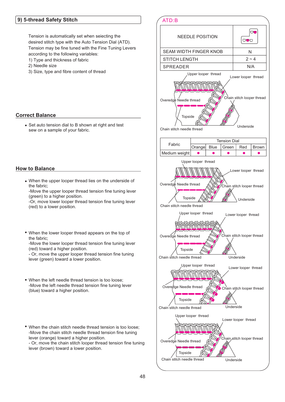 How to balance, 9) 5-thread safety stitch correct balance | SINGER 14T967DC QUANTUMLOCK User Manual | Page 49 / 72