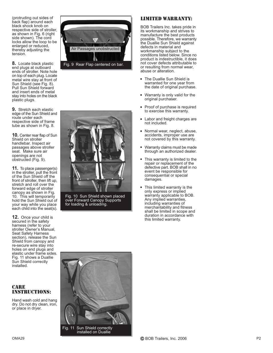 Care instructions, Limited warranty | BOB Sun Shield OMA12A User Manual | Page 2 / 2