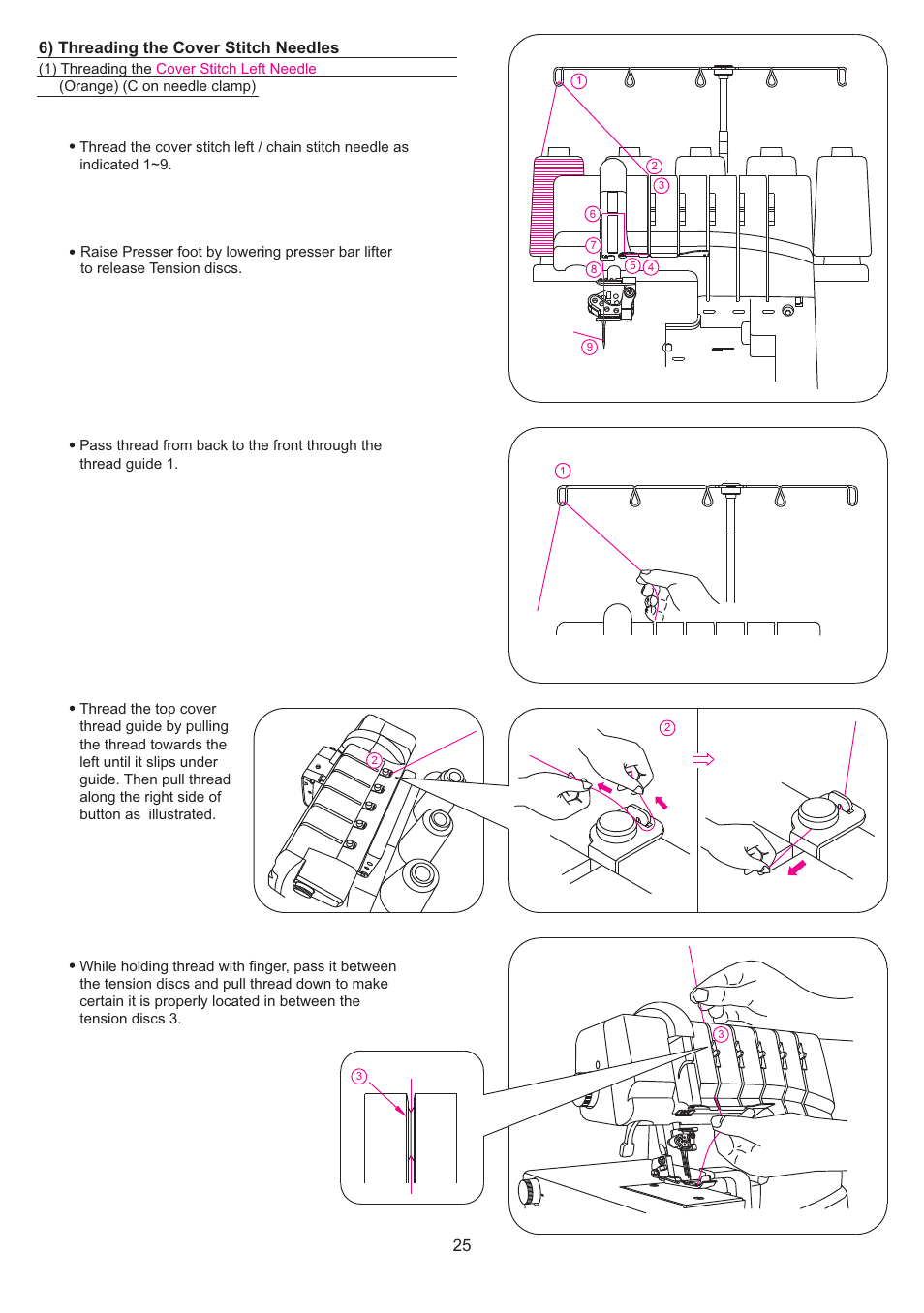 6) threading the cover stitch needles | SINGER 14T968DC User Manual | Page 26 / 74