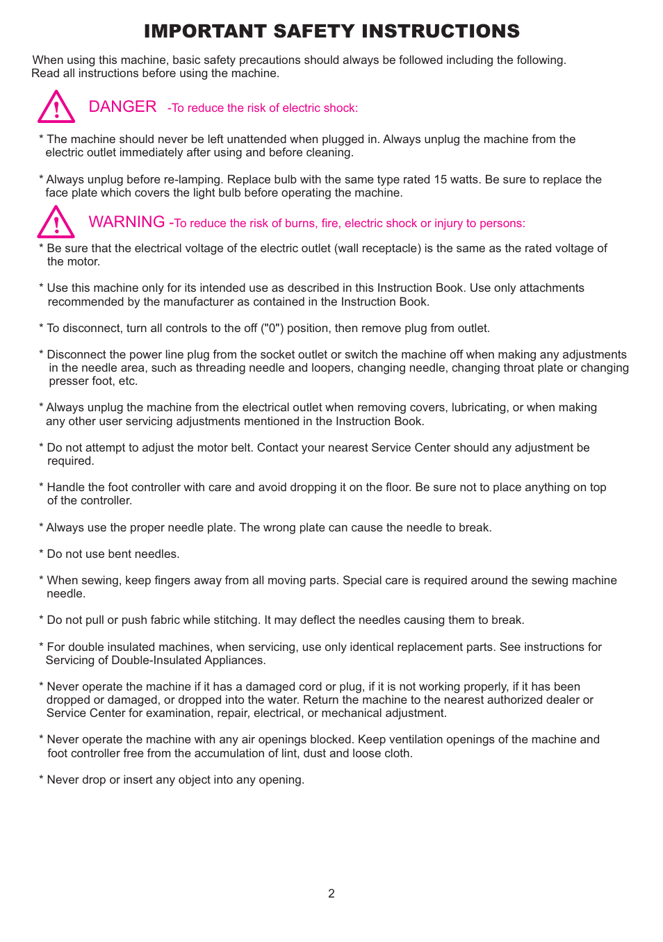 Important safety instructions, Danger, Warning | SINGER 14T968DC User Manual | Page 3 / 74