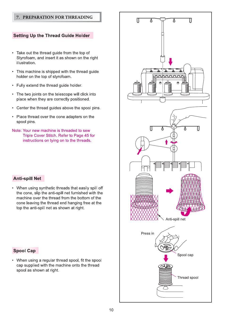 Setting up the thread guide hoider, Anti-spili net, Spool cap | Preparation for threading | SINGER 14T970C User Manual | Page 11 / 57