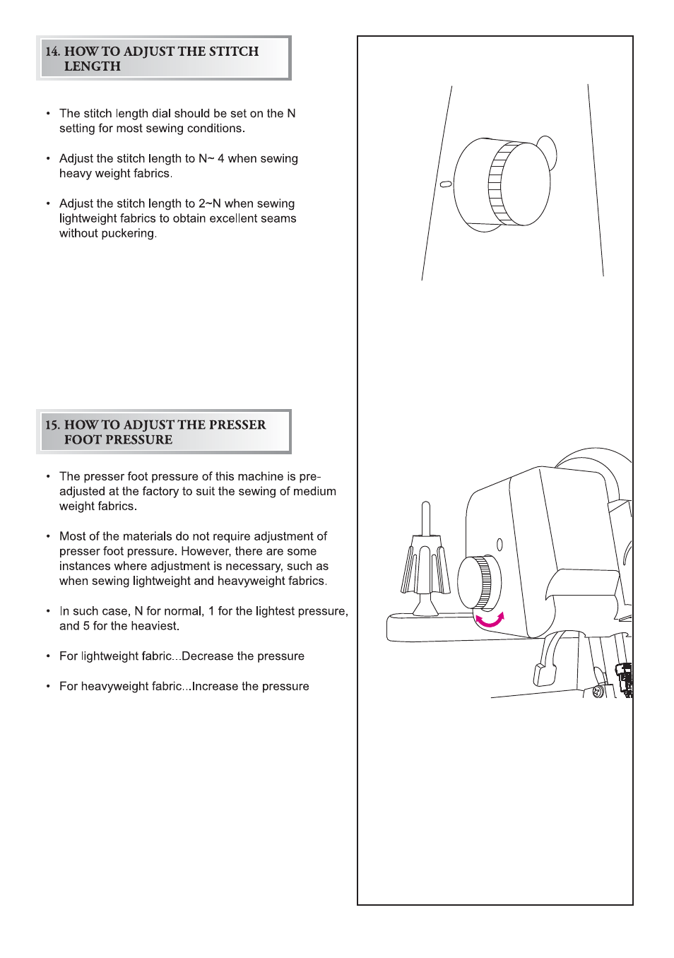 How to adjust the stitch length, Howto adjust the presser foot pressure | SINGER 14T970C User Manual | Page 48 / 57