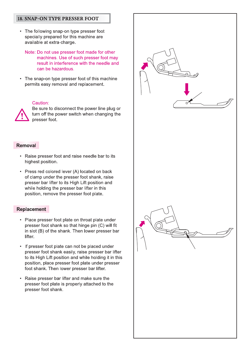 Removal, Replacement, Snap-on type presser foot | SINGER 14T970C User Manual | Page 52 / 57
