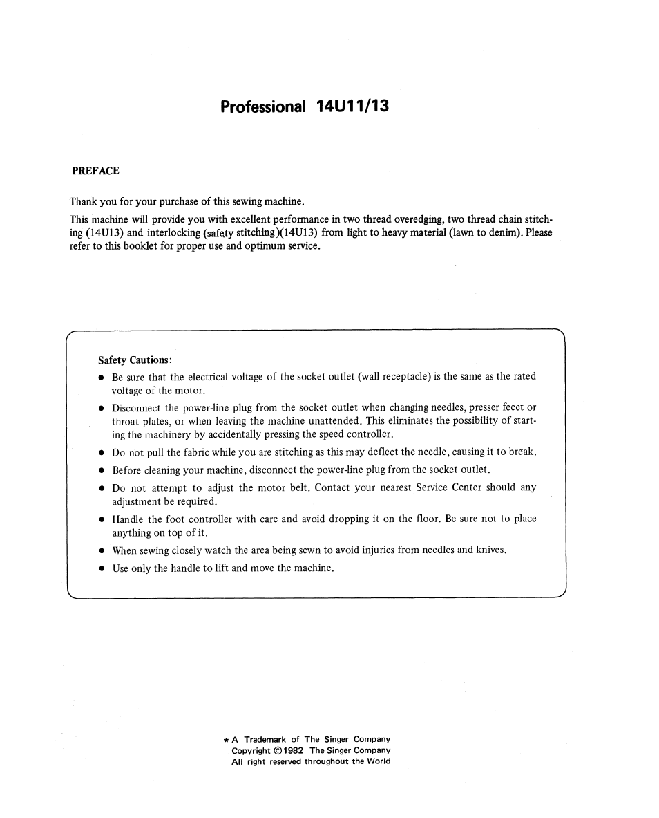 Professional 14u11/13, Preface | SINGER 14U11 User Manual | Page 2 / 28