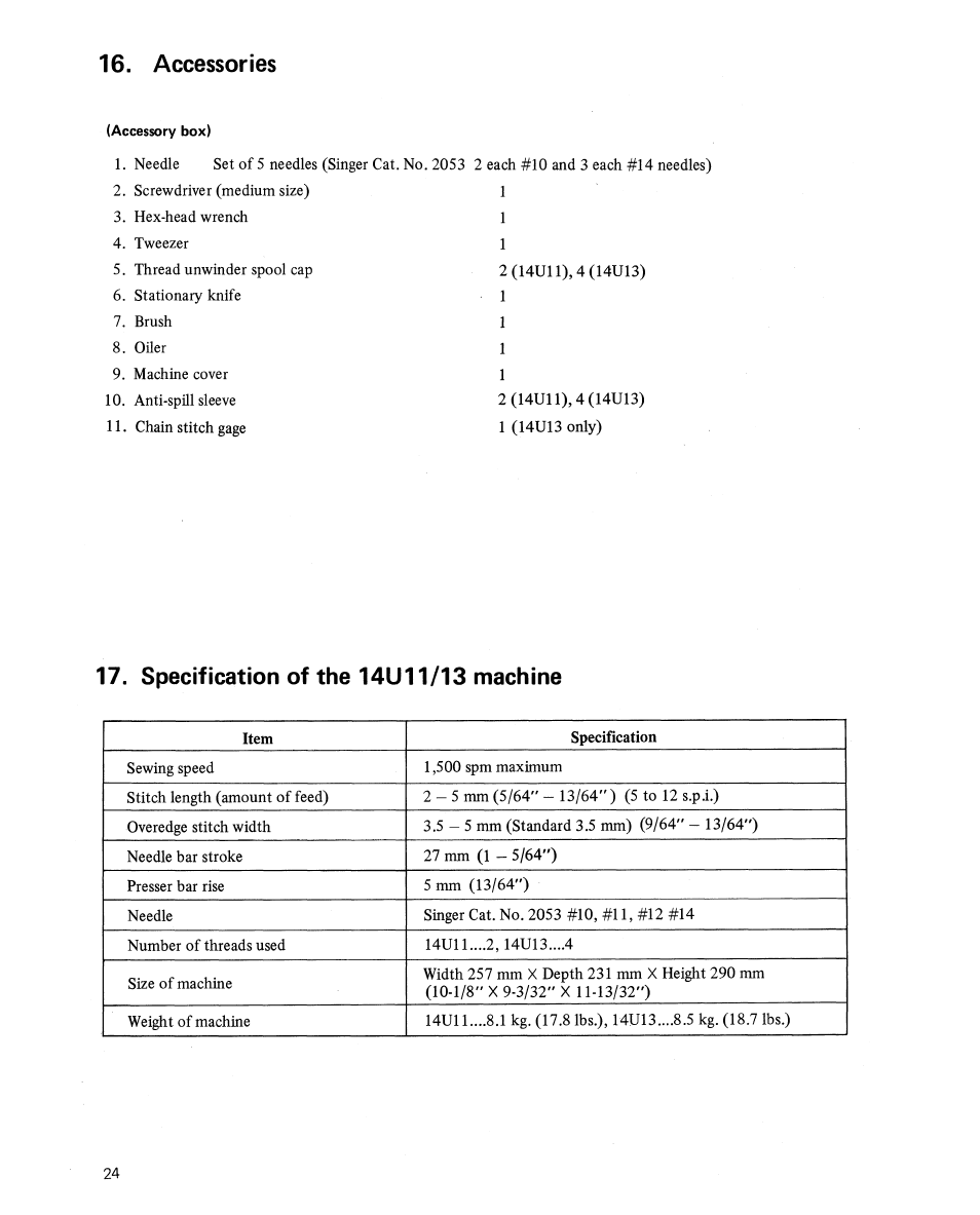 Accessories, Specification of the 14u11/13 machine | SINGER 14U11 User Manual | Page 26 / 28
