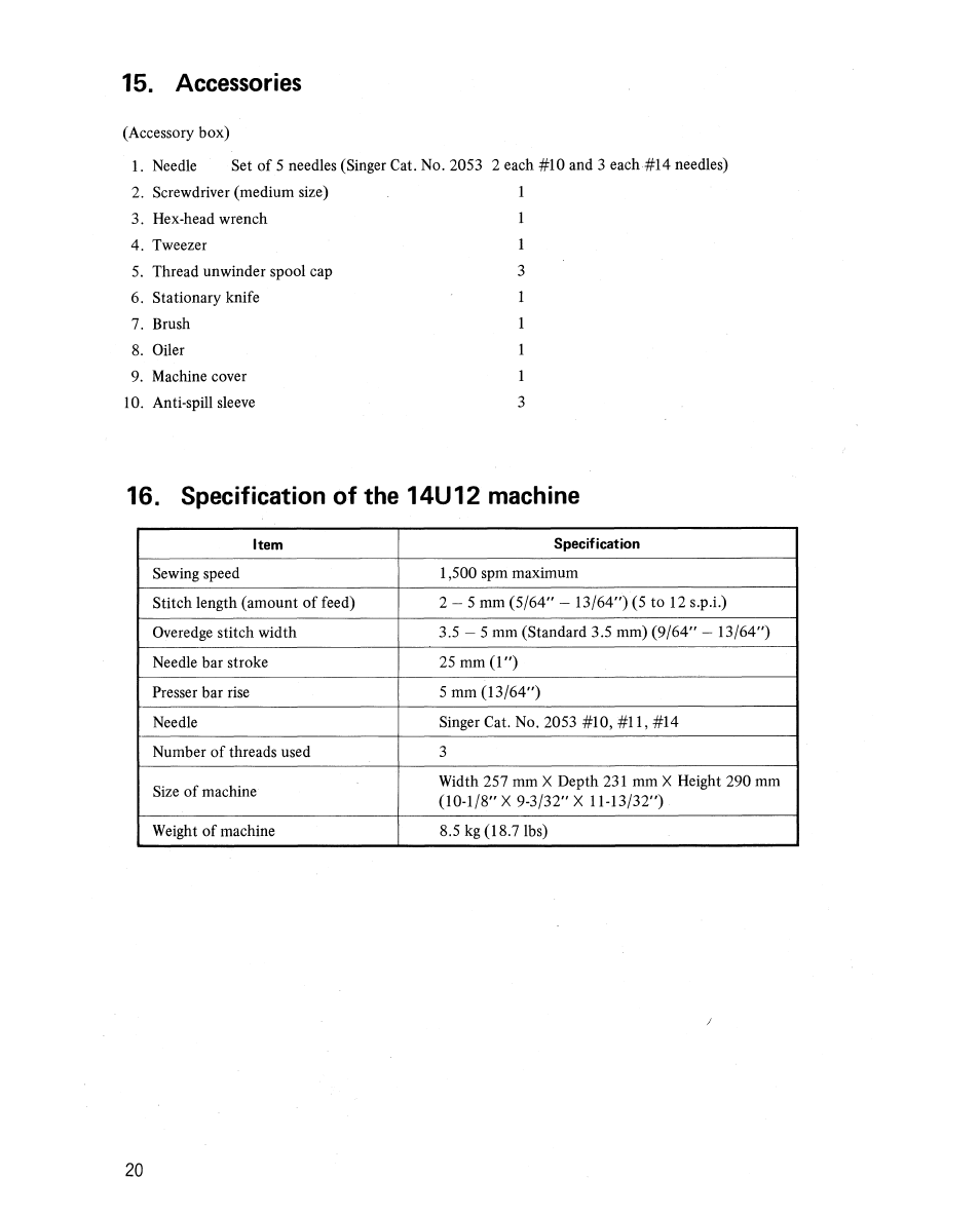 Accessories, Specification of the 14u12 machine | SINGER 14U22 User Manual | Page 22 / 24