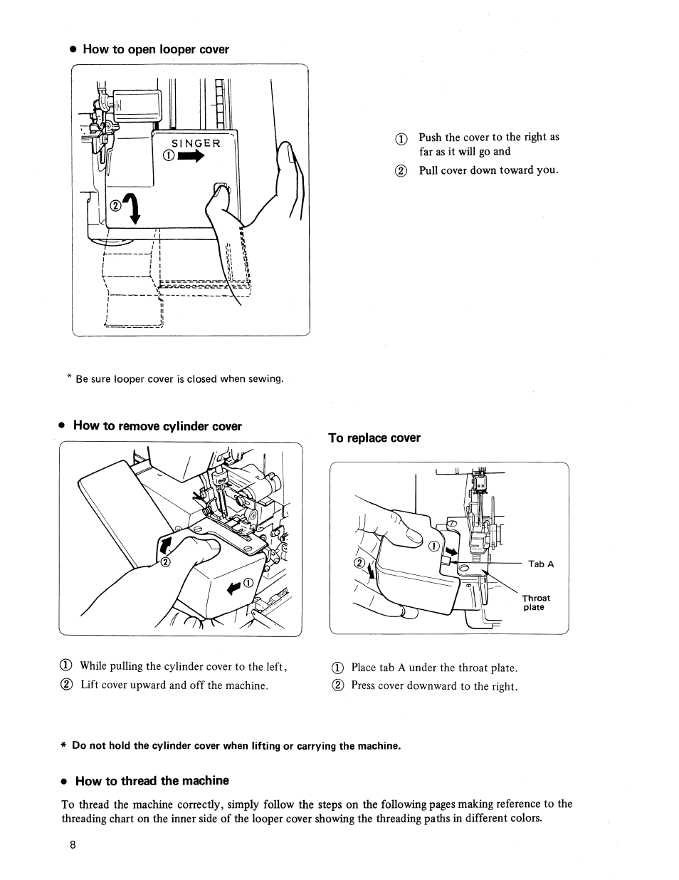 How to open looper cover, How to remove cylinder cover, To replace cover | How to thread the machine | SINGER 14U236B User Manual | Page 10 / 40