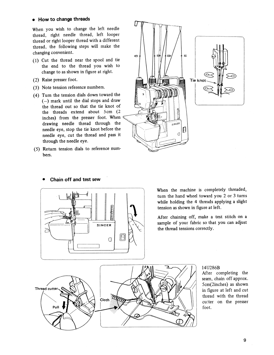 How to change threads, Chain off and test sew | SINGER 14U236B User Manual | Page 11 / 40