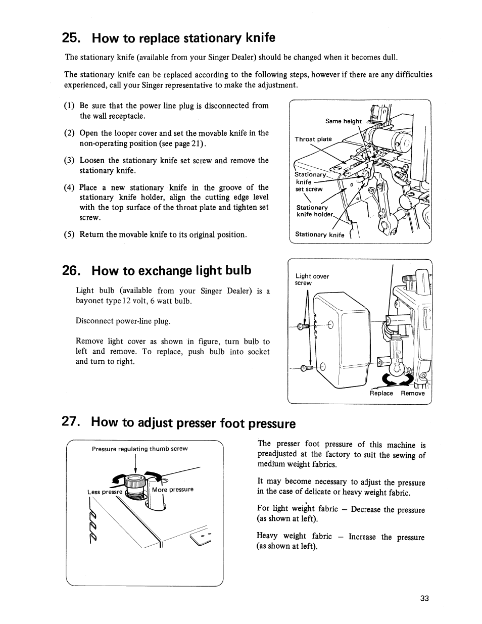 How to replace stationary knife, How to exchange light bulb, How to adjust presser foot pressure | SINGER 14U236B User Manual | Page 35 / 40
