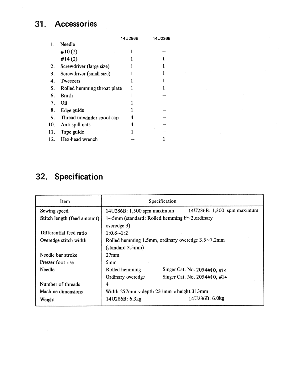Accessories, Specification | SINGER 14U236B User Manual | Page 39 / 40