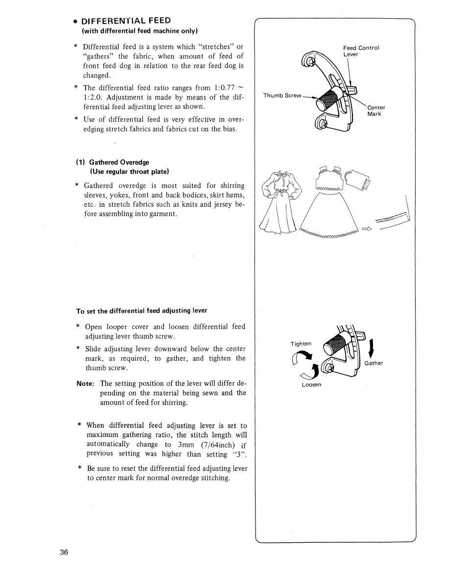 Differential feed, 1) gathered overedge, To set the differential feed adjusting lever | SINGER 14U454B Ultralock User Manual | Page 38 / 48