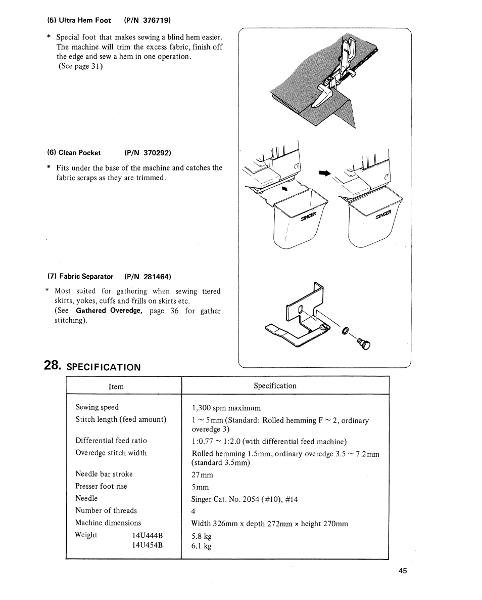 5) ultra hem foot (p/n 376719), 6) clean pocket, 7) fabric separator (p/n 281464) | Specification | SINGER 14U454B Ultralock User Manual | Page 47 / 48