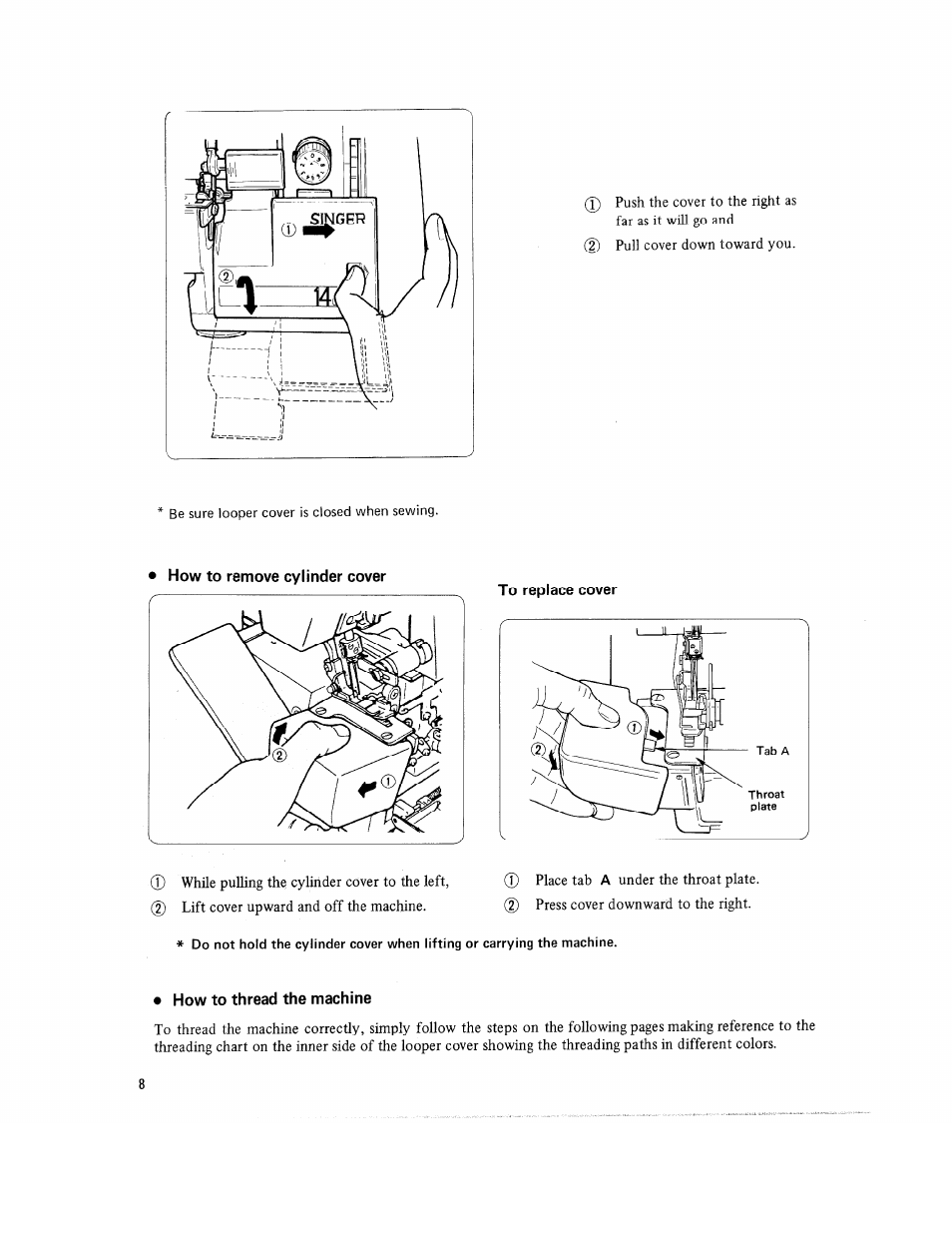 How to remove cylinder cover, To replace cover, How to thread the machine | How to open looper cover | SINGER 14U52 User Manual | Page 10 / 36