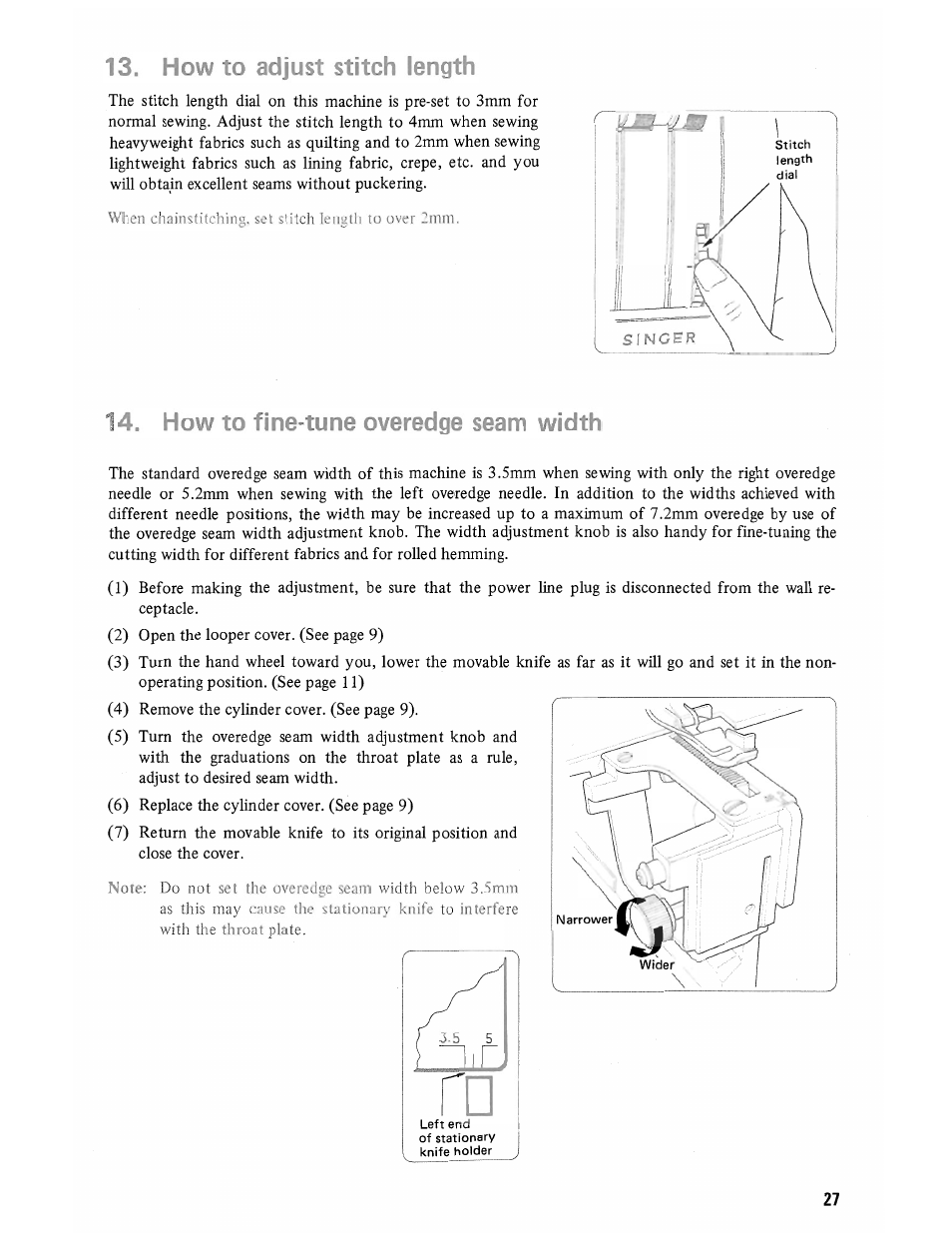 How to adjust stitch length, How to fine-tune overedge seam width | SINGER 14U285B User Manual | Page 29 / 48