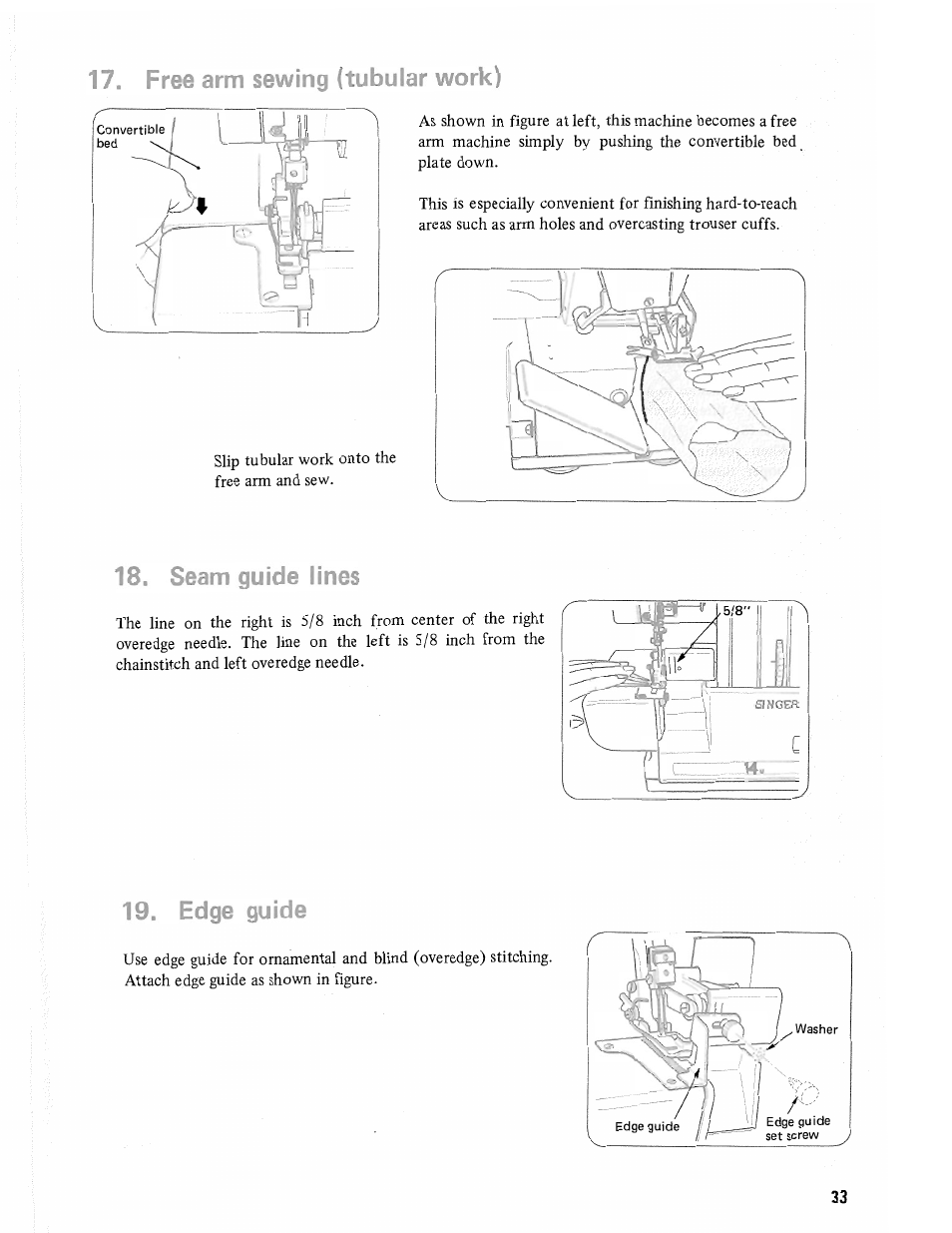 Free arm sewing (tubular work), Seam guide lines, Edge guide | SINGER 14U285B User Manual | Page 35 / 48