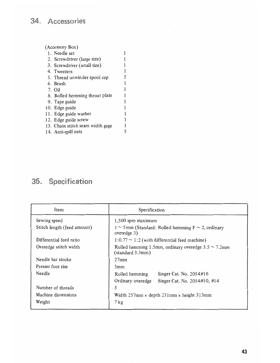 Accessories, Specification | SINGER 14U285B User Manual | Page 45 / 48