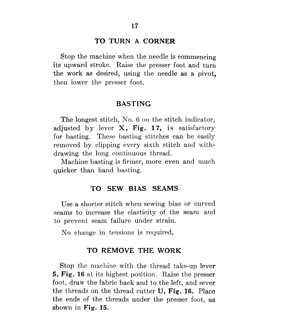 To turn a corner, Basting, To sew bias seams | To remove the work | SINGER 15-90 User Manual | Page 19 / 68