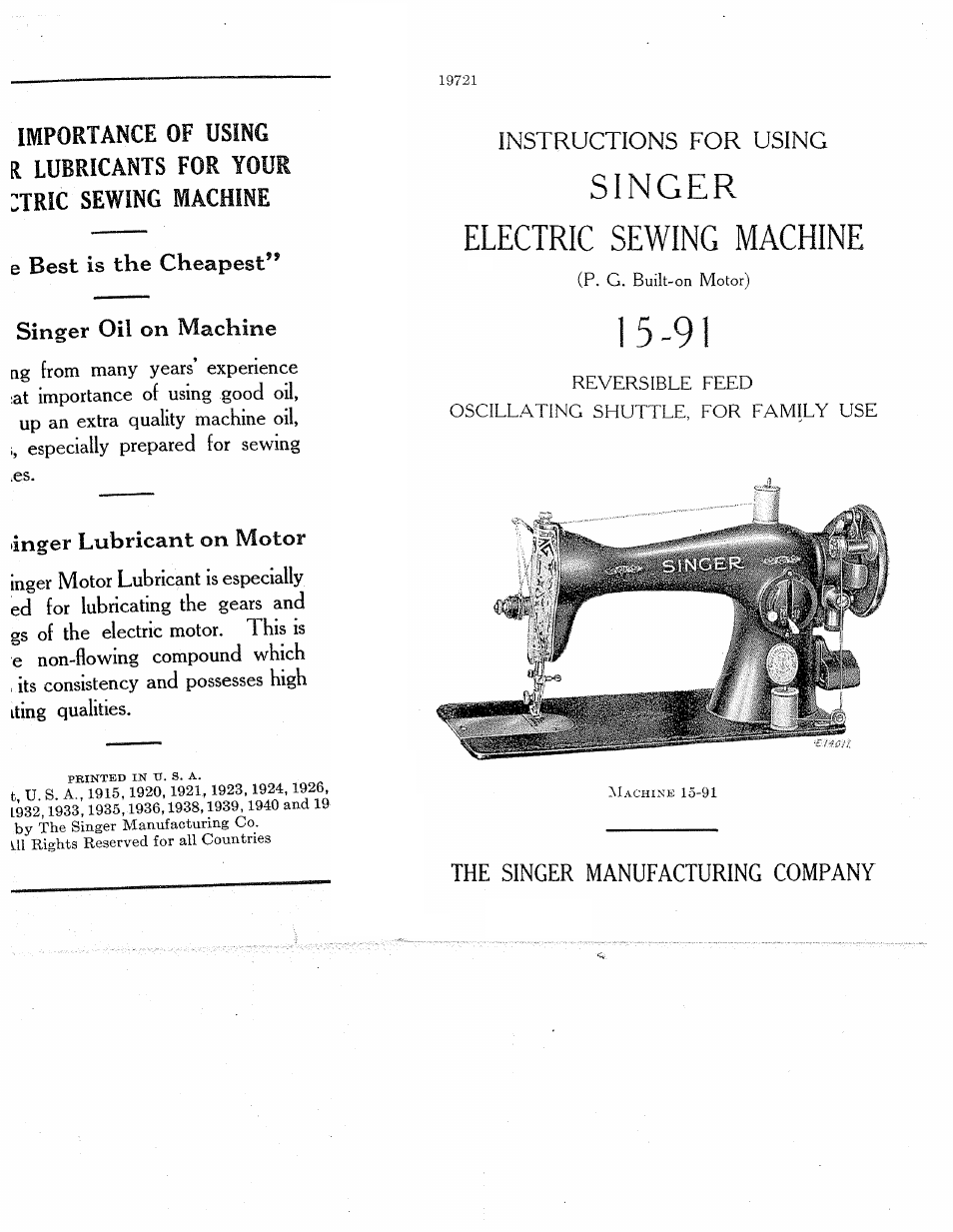 Instructions for using, The singer manufacturing company, Electric sewing machine | SINGER 15-91 User Manual | Page 3 / 68