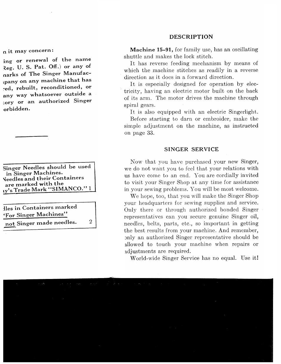 Description, Singer service | SINGER 15-91 User Manual | Page 5 / 68