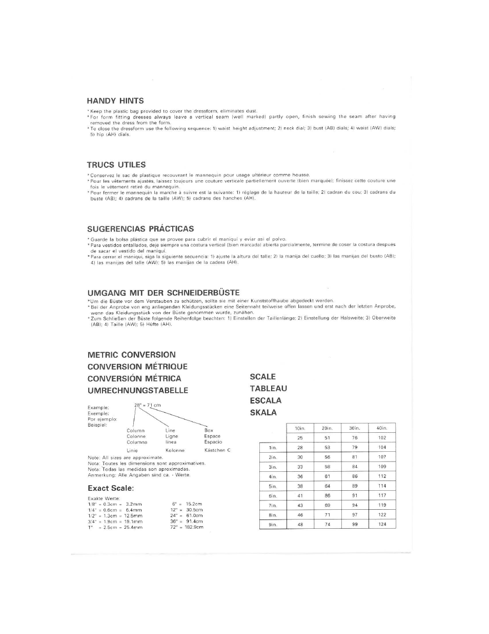 Handy hints, Trucs utiles, Sugerencias practicas | Umgang mit der schneiderbuste, Scale tableau escala skala, Exact scale | SINGER 151 Dressfrom User Manual | Page 2 / 8