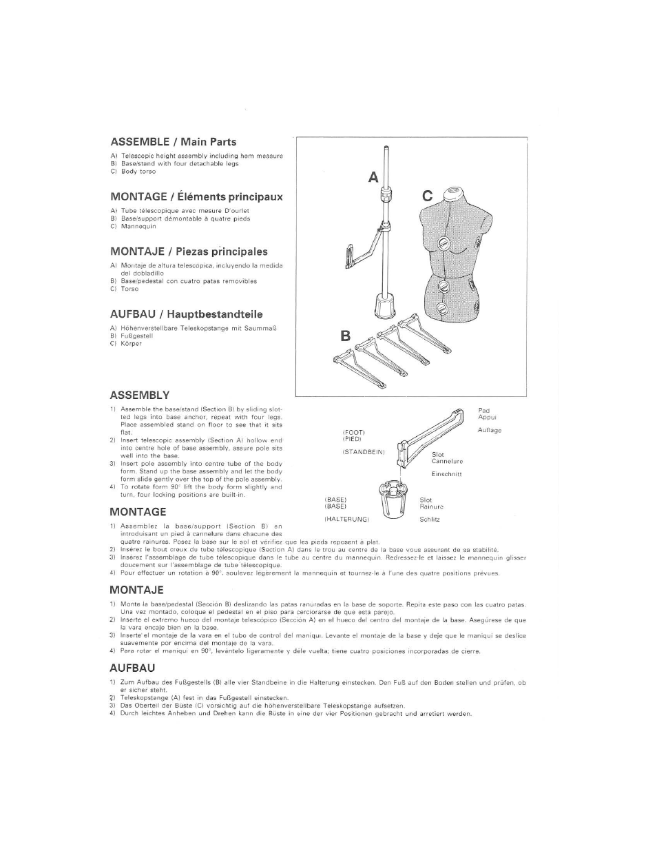 Assemble / main parts, Montage / éléments principaux, Montaje / piezas principales | Aufbau / hauptbestandteile, Assembly, Montage, Montaje, Aufbau | SINGER 151 Dressfrom User Manual | Page 4 / 8