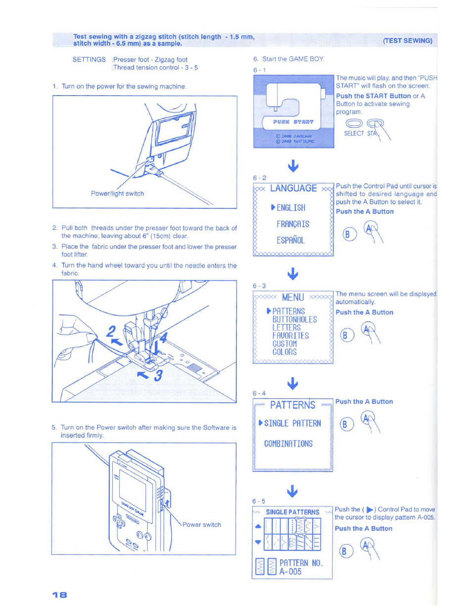 Language xx, English frfinqfils espflnol, Menu xxxxx | Patterns, Bunonholes, Letters, Ffiuorites, Custom, Colors, Single pfittern j | SINGER 1500 Izek User Manual | Page 20 / 70