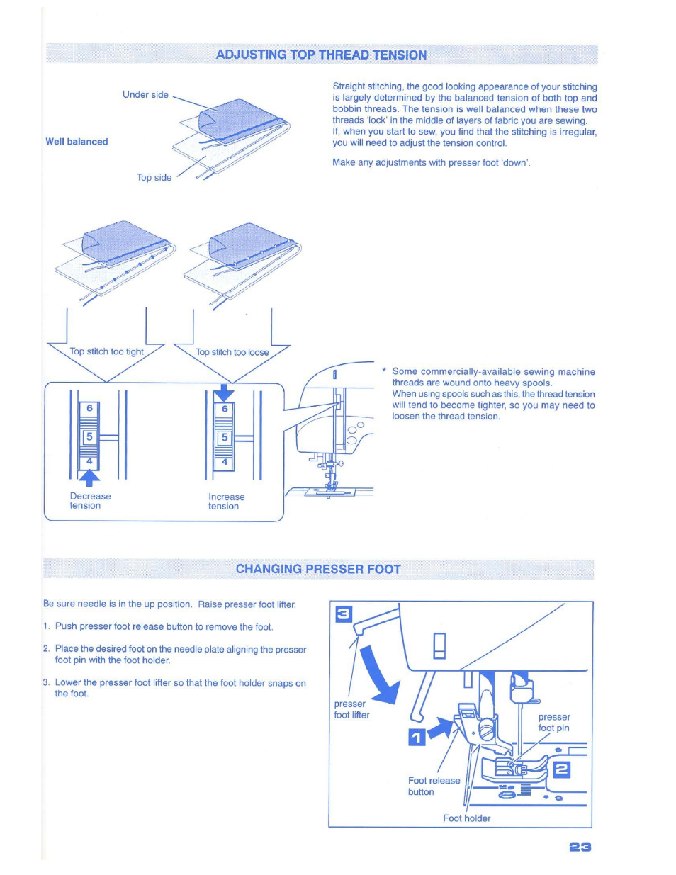 Adjusting top,thread tension, Changing presser foot, Adjusting top thread tension | SINGER 1500 Izek User Manual | Page 25 / 70