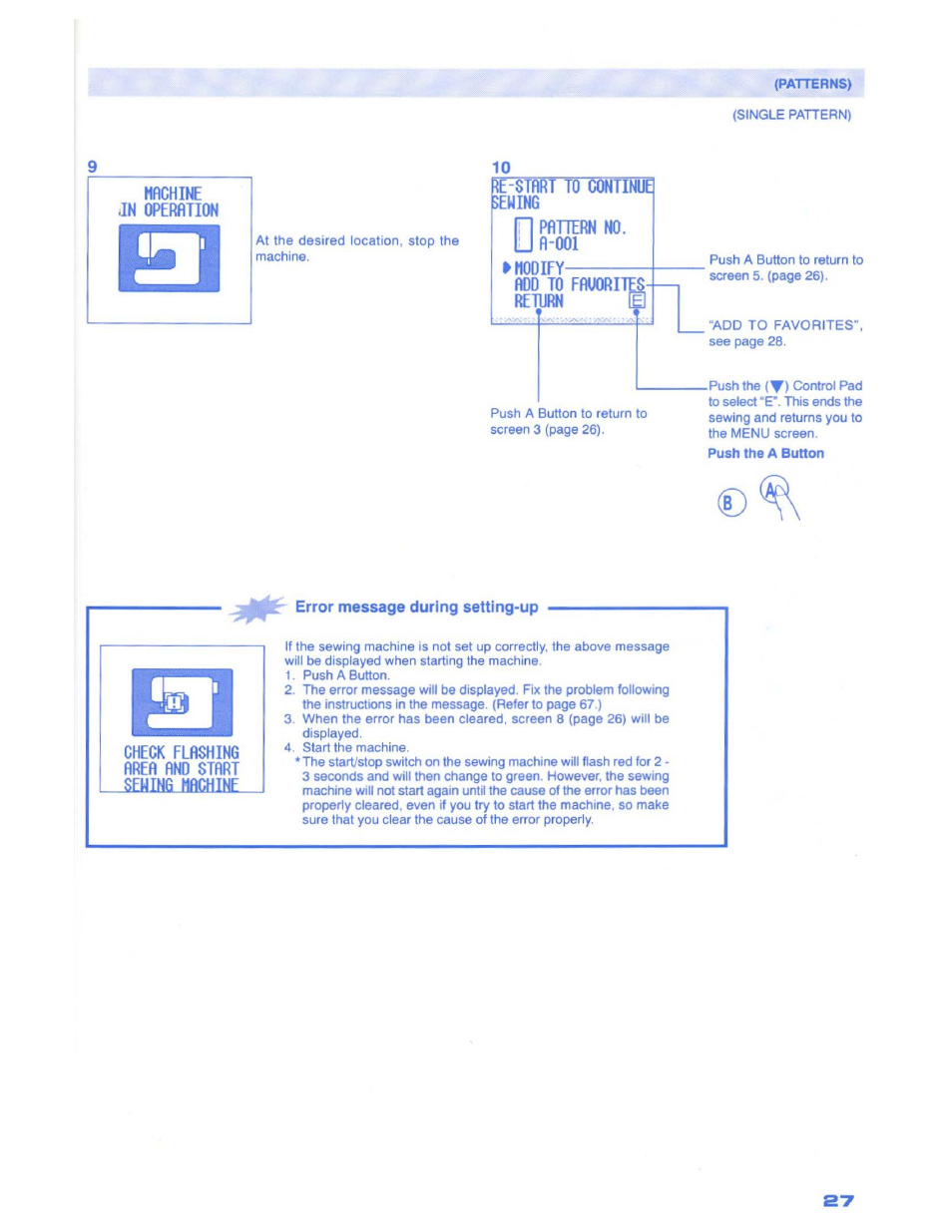 Re-stflrt to continuq $eming, Modify add to ffluoru return, Error message during setting-up | SINGER 1500 Izek User Manual | Page 29 / 70