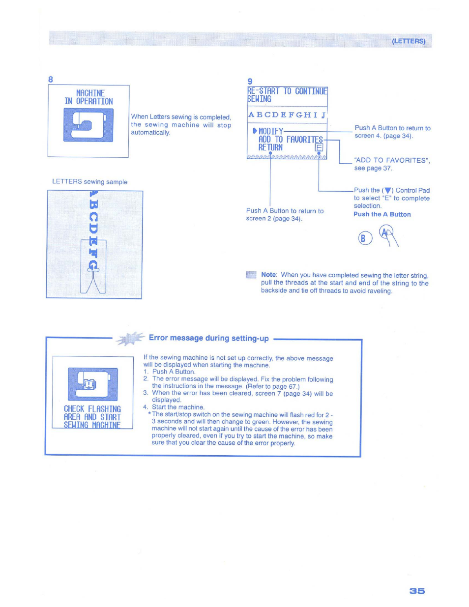 Re-$tftrt t0"c0ntmfl bering, Modify- fldd to ffluorites- return, Error message during setting-up | SINGER 1500 Izek User Manual | Page 37 / 70