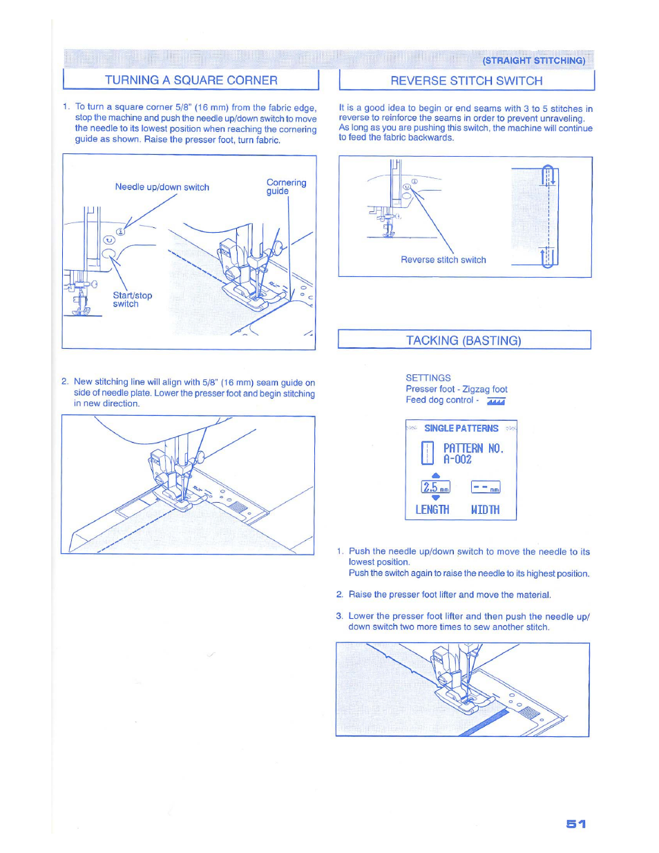 Turning a square corner, Reverse stitch switch, Tacking (basting) | Pattern no, Length width | SINGER 1500 Izek User Manual | Page 53 / 70