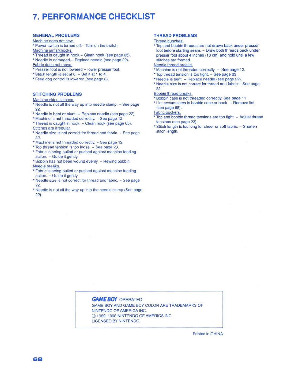 Performance checklist | SINGER 1500 Izek User Manual | Page 70 / 70