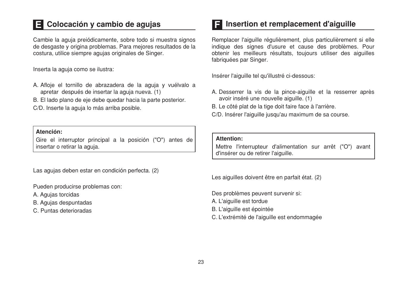 Colocación y cambio de agujas, Insertion et remplacement d'aiguille | SINGER 1507WC User Manual | Page 30 / 88