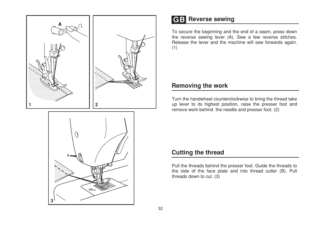 Removing the work cutting the thread, Reverse sewing | SINGER 1507WC User Manual | Page 39 / 88