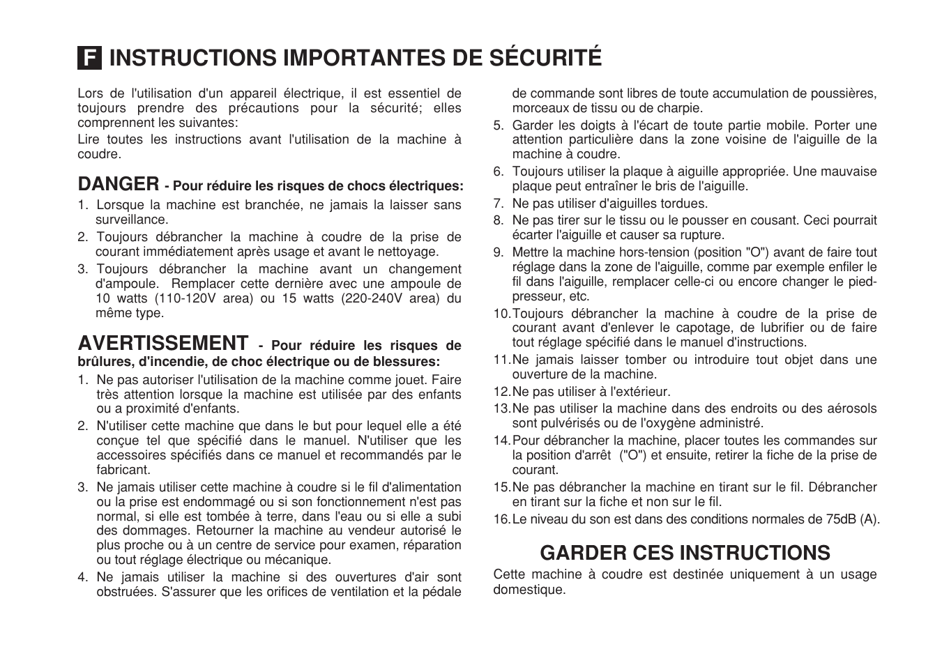 Instructions importantes de sécurité, Avertissement garder ces instructions, Danger | SINGER 1507WC User Manual | Page 4 / 88