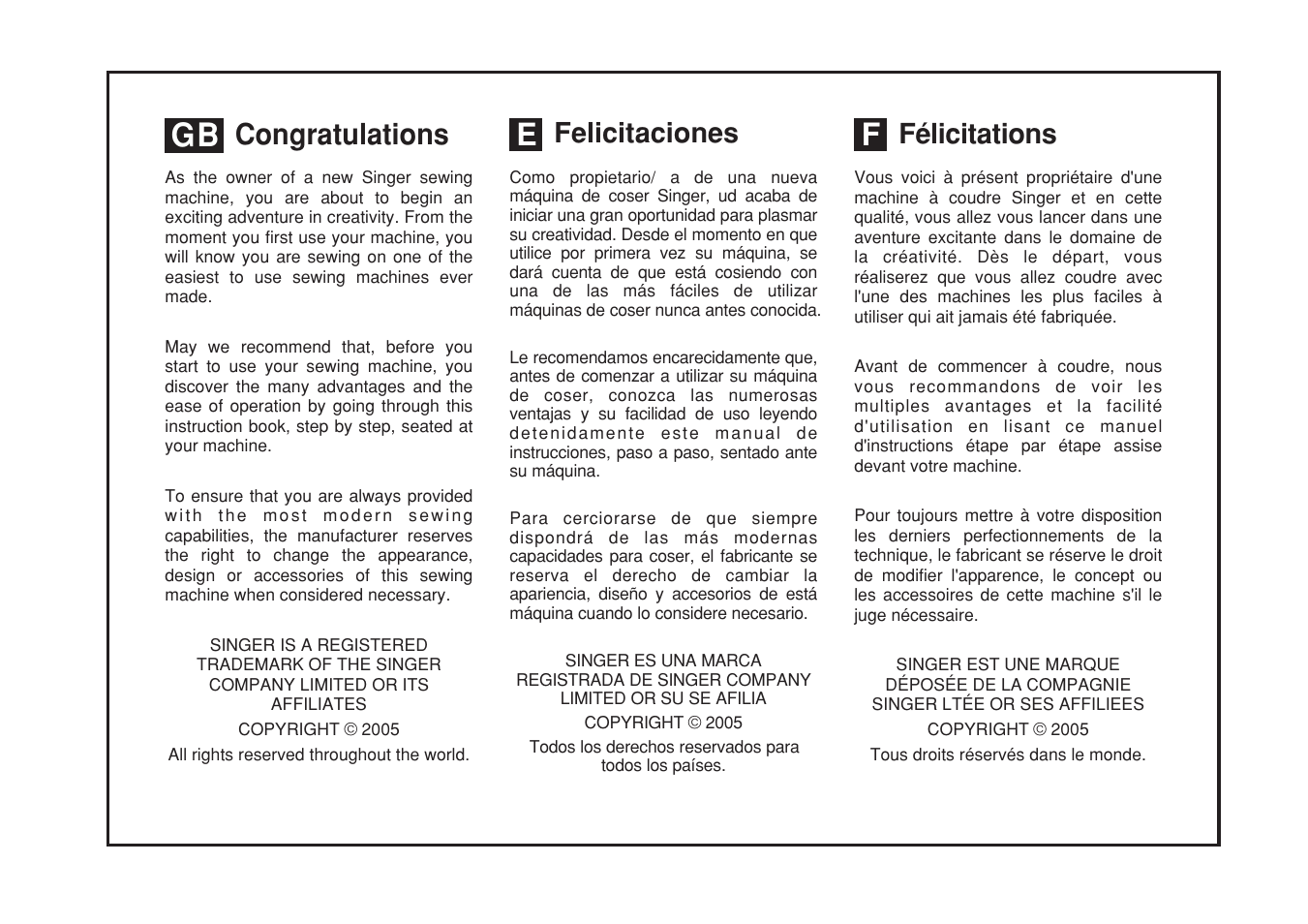 Felicitaciones félicitations | SINGER 1507WC User Manual | Page 5 / 88