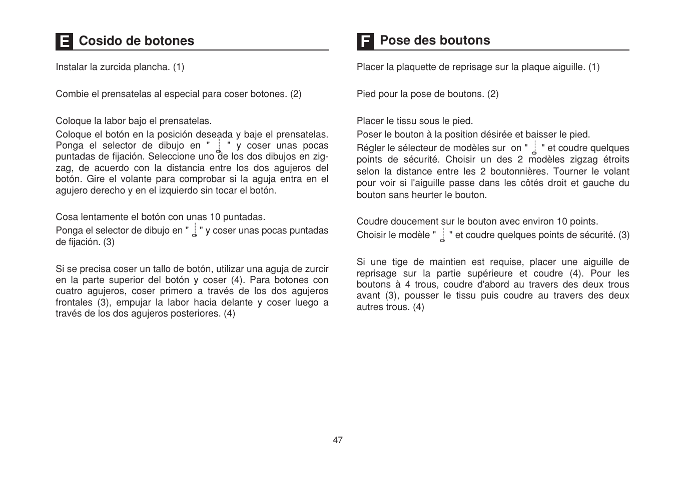 Cosido de botones, Pose des boutons | SINGER 1507WC User Manual | Page 54 / 88