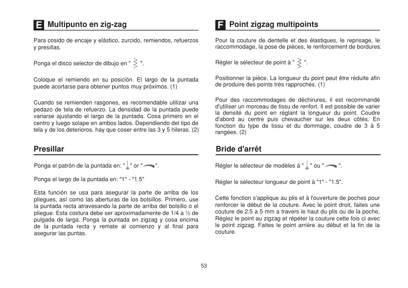 Presillar, Multipunto en zig-zag, Point zigzag multipoints bride d'arrêt | SINGER 1507WC User Manual | Page 60 / 88