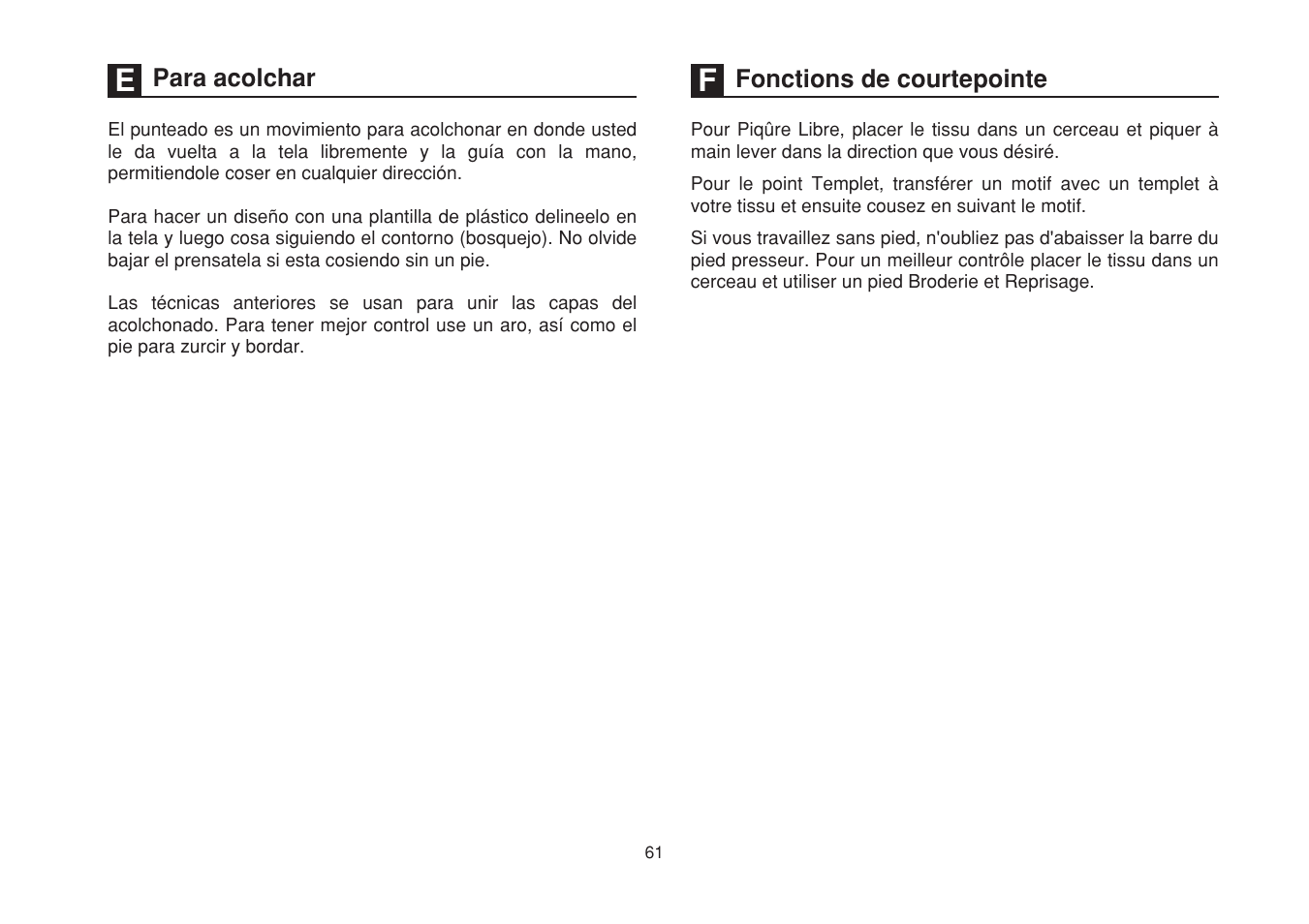 Para acolchar, Fonctions de courtepointe | SINGER 1507WC User Manual | Page 68 / 88