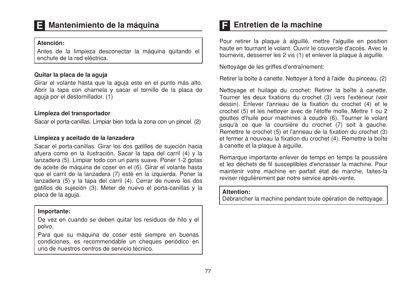 Entretien de la machine, Mantenimiento de la máquina | SINGER 1507WC User Manual | Page 84 / 88