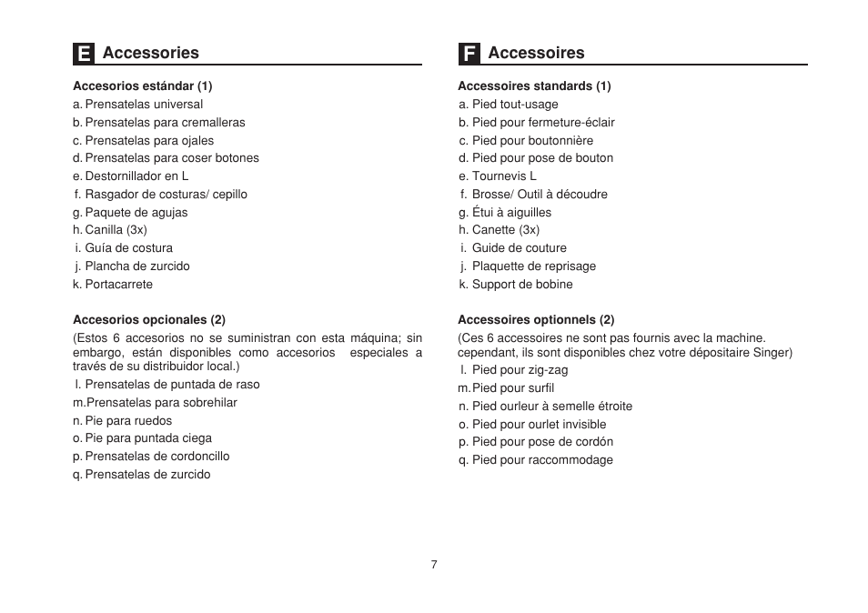 Accessories accessoires | SINGER 1507 User Manual | Page 14 / 88