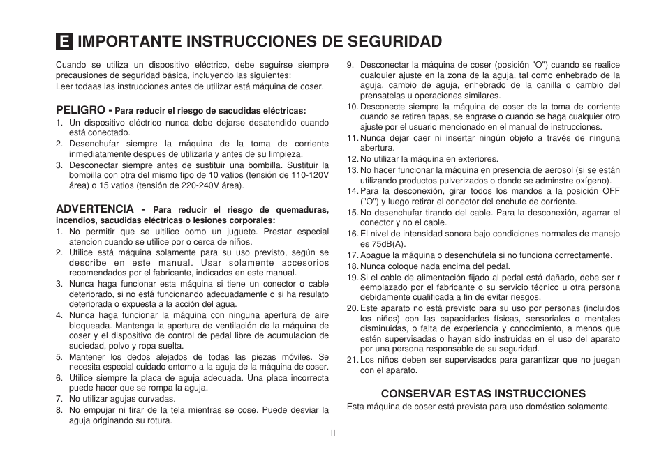 Eimportante instrucciones de seguridad | SINGER 1507 User Manual | Page 3 / 88