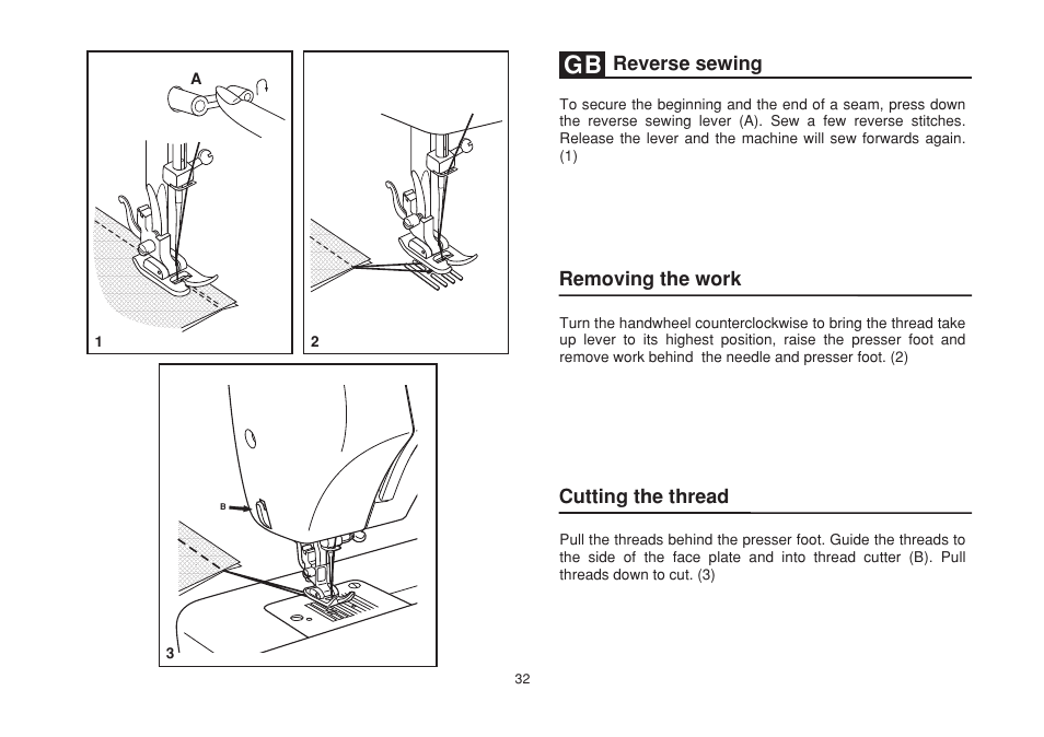 Removing the work cutting the thread, Reverse sewing | SINGER 1507 User Manual | Page 39 / 88