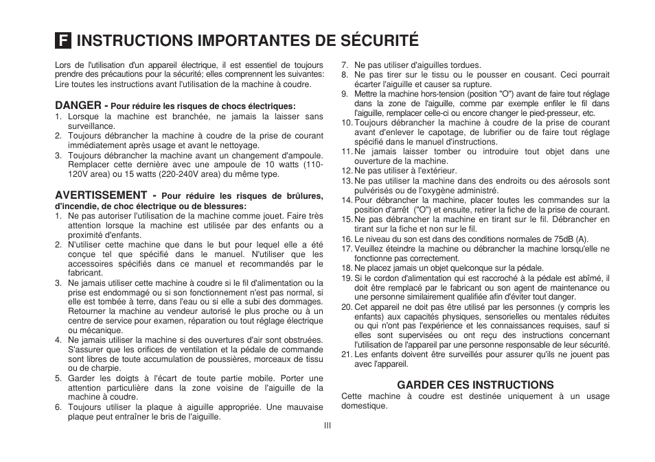 Instructions importantes de sécurité | SINGER 1507 User Manual | Page 4 / 88