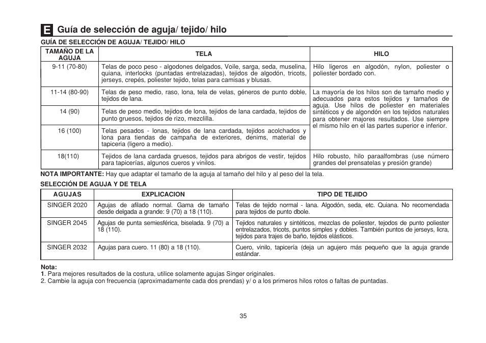 Guía de selección de aguja/ tejido/ hilo | SINGER 1507 User Manual | Page 42 / 88
