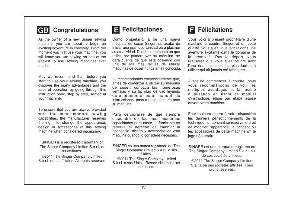 Felicitaciones félicitations | SINGER 1507 User Manual | Page 5 / 88