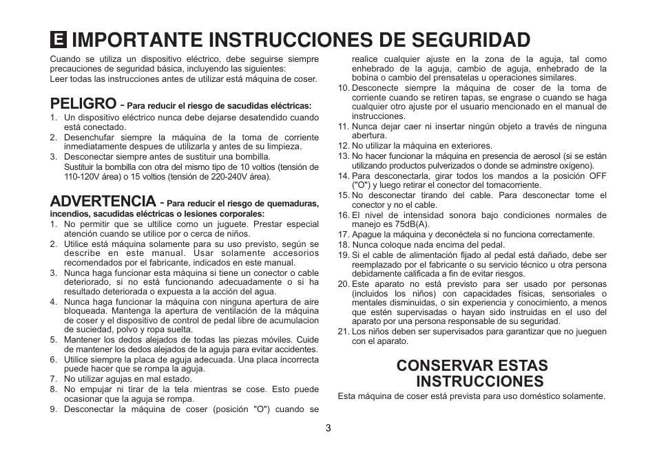 Importante instrucciones de seguridad, Peligro advertencia conservar estas instrucciones | SINGER 1512 PROMISE II Instruction Manual User Manual | Page 3 / 59