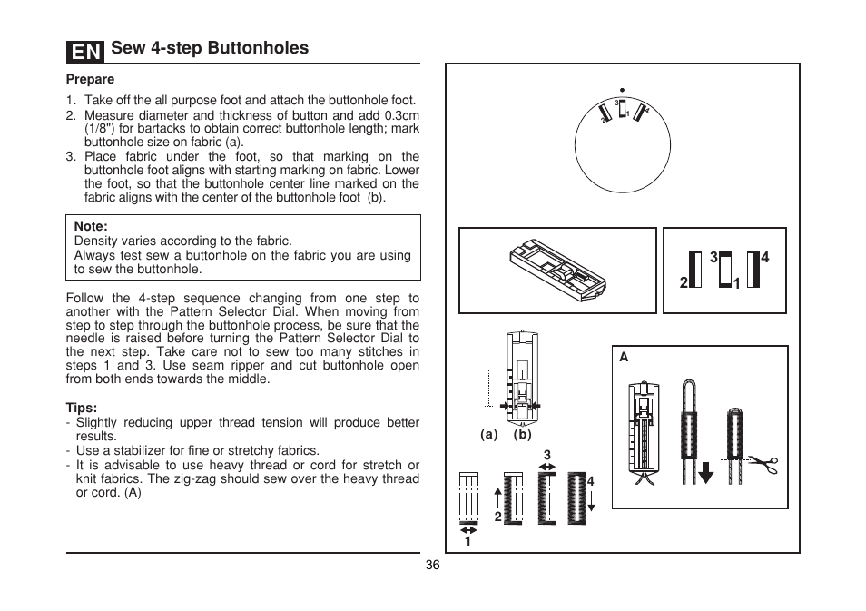 Sew 4-step buttonholes | SINGER 1512 PROMISE II Instruction Manual User Manual | Page 36 / 59