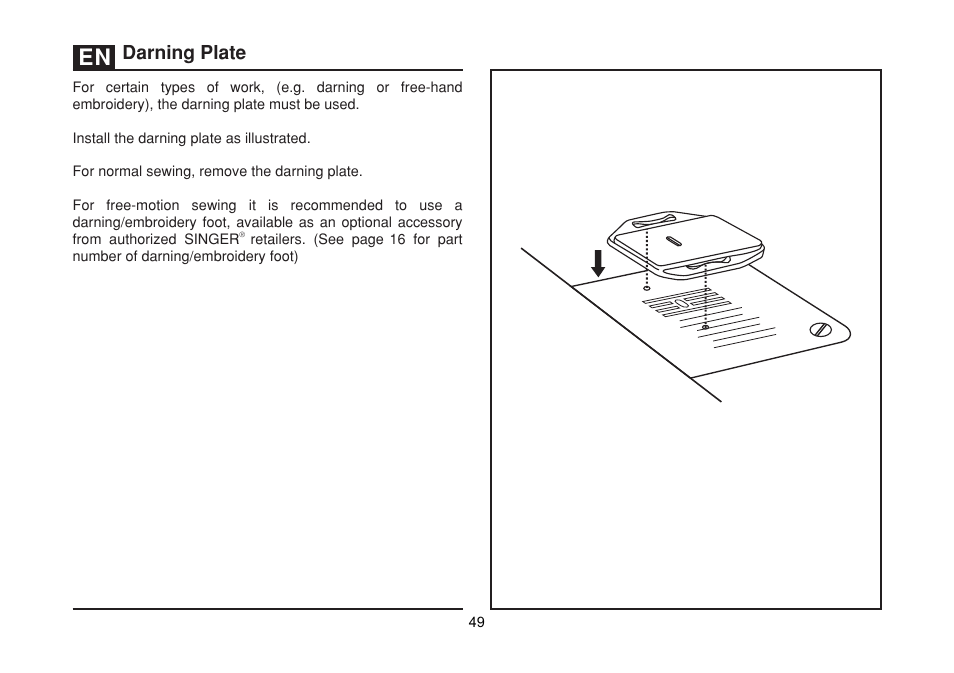 Darning plate | SINGER 1512 PROMISE II Instruction Manual User Manual | Page 49 / 59